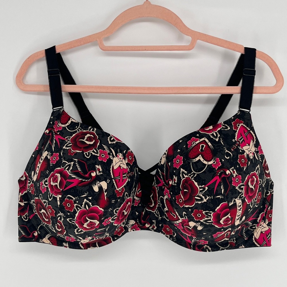 Torrid Curve 44DD 360 Back Smoothing Bra Tattoo Print Rose Pinup 19098304